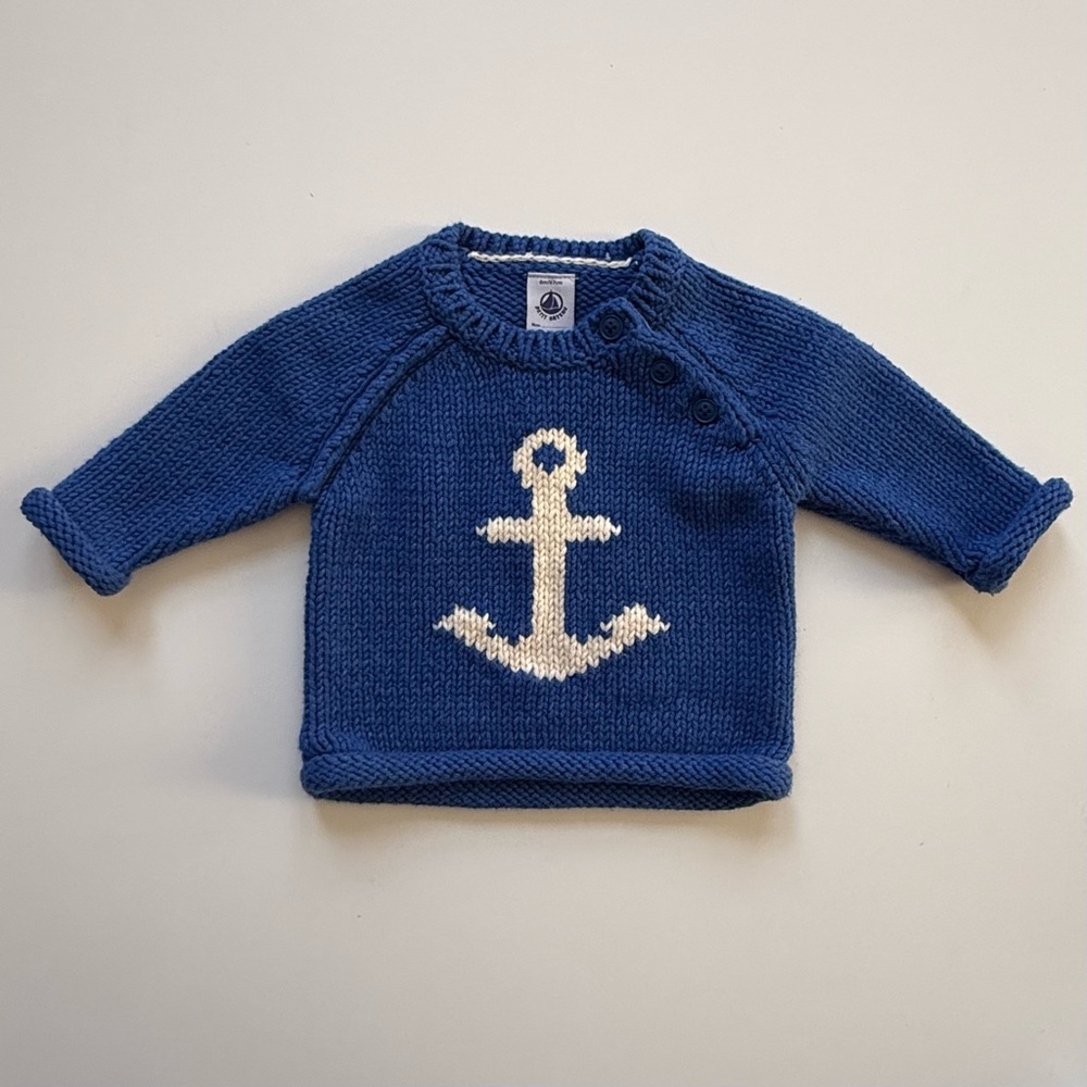 Petit Bateau Baby Unisex Blue Knit Sweater with Anchor Design - Size 6M